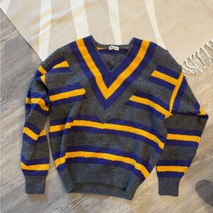 Striped V-Neck Sweater - Gray, Blue, and Orange